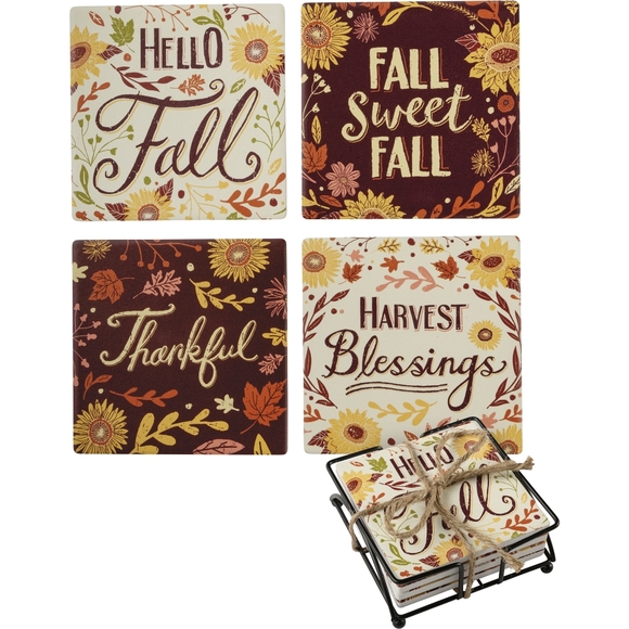Ceramic Absorbent Coaster Set Fall Autumn Harvest Thanksgiving Blessings NWT - Picture 7 of 7